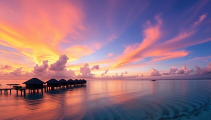 Stunning Maldives sunset panorama; vibrant colors, luxury resort implied ,  illustration,  escape