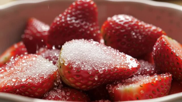 Bowl of freshly sliced strawberries being sprinkled with suga