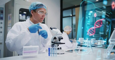 Two scientists in protective gear using microscope and advanced holographic interface to analyze DNA data in a high-tech laboratory. - Powered by Adobe