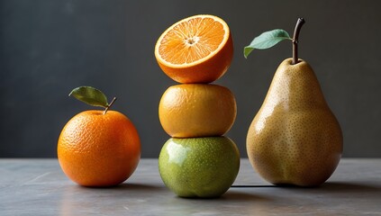 Gravity-defying fruit stack orange on apple on pear, invisible support