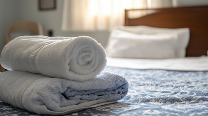 Rolled white and light blue towels on a bed in a bedroom.