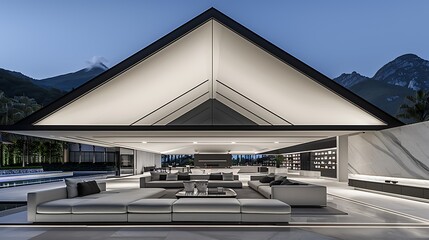 Serene modern villa interior with mountain backdrop evoking luxury living design