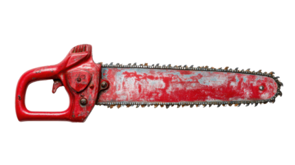 Old, worn-out red chainsaw on a white isolated background.