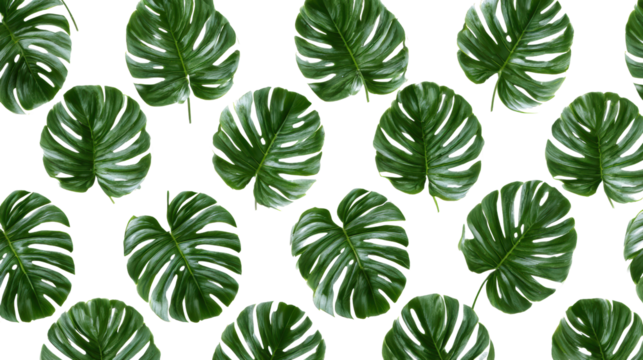 Monstera leaves pattern on a white background for seamless design or decoration.