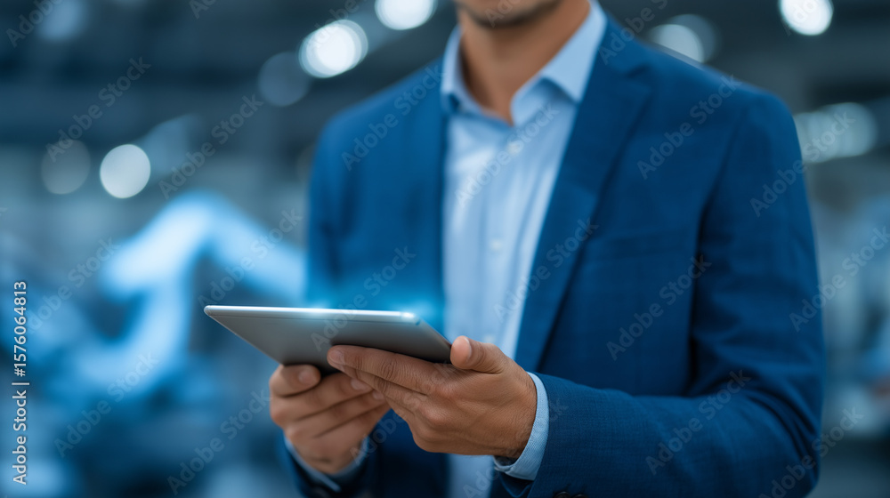 Poster professional man analyzing holographic factory layout with robotics