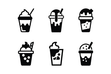 Six Stylish Black and White Iced Beverage Icons:  Modern, Minimalist, and Refreshing Summer Drink Graphics.