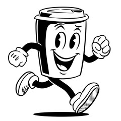 Happy Coffee Cup with Wheels – Retro Character Illustration on Transparent