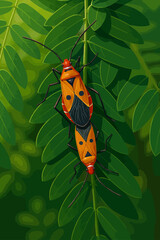 A detailed vector-style illustration of two brightly colored red and orange insects, likely cotton stainer bugs (Dysdercus spp.), mating on a green leafy plant. The bugs have distinct black spots on t
