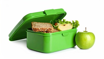 Green lunchbox with sandwich, apple, and salad