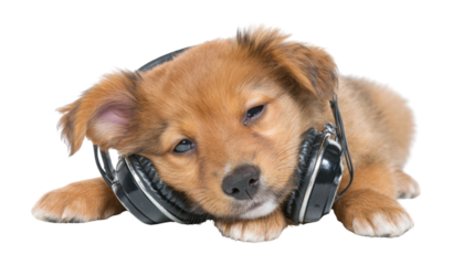 Puppy relaxing and listening to music with headphones, on a white isolated background.