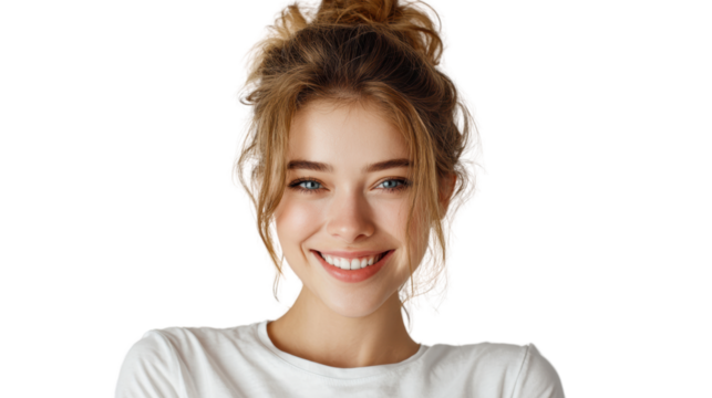 Portrait of a smiling young woman with casual attire and natural makeup.