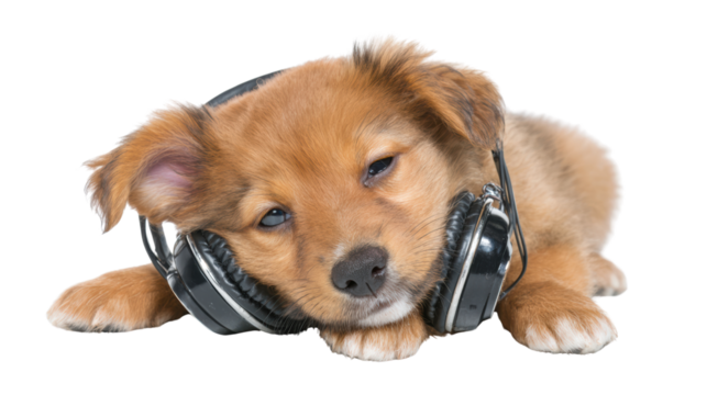 Puppy relaxing and listening to music with headphones, on a white isolated background.