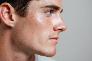 Obraz premium Young man side profile close up with smooth skin and visible pores, natural light highlighting facial features and subtle facial hair on cheek and chin