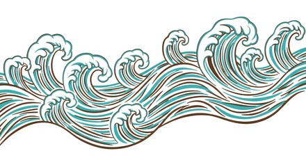 Stylized ocean waves with turquoise and brown lines on a white background
