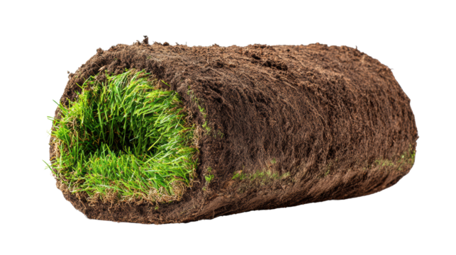 Rolled grass turf showing vibrant green lawn with rich soil background.
