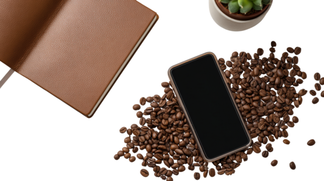 Smartphone on coffee beans, with a notebook and succulent plant nearby, creating a cozy workspace vibe.