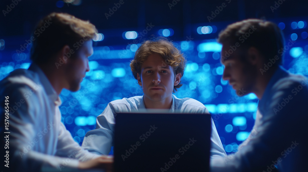 Poster high-tech control room teamwork with laptops and digital display