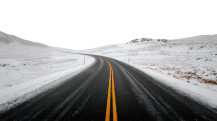 Snow-covered road winding through winter landscape, serene and quiet with fresh snow on both sides.