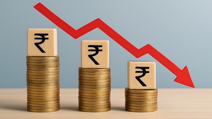 Indian rupee symbol falling downward trend representing economic decline