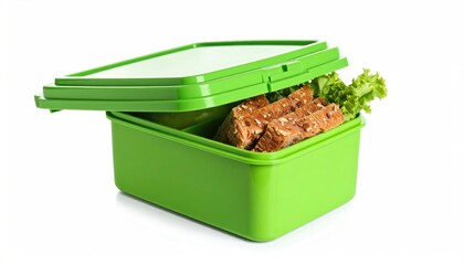 Green plastic lunchbox with food
