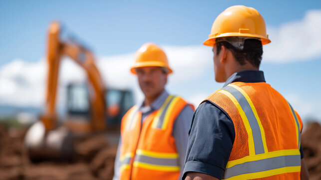 Construction Workers in Safety Gear Near Excavator on Site