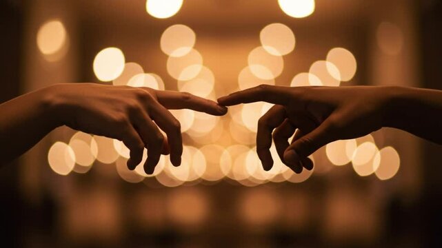 Two hands reaching towards each other in soft light with bokeh background  
