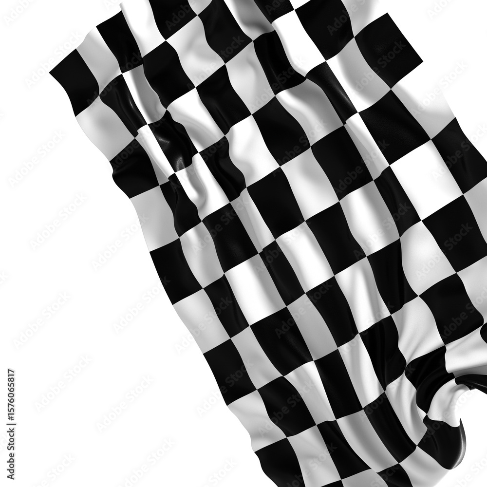 Poster the checkered flag waves in the wind signifying the end of the race