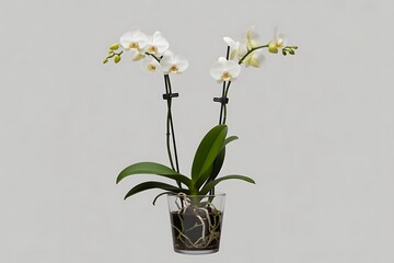 Elegant white orchid plant with blooming flowers and visible roots in a glass pot