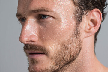 Fototapeta premium Close up of man with damp skin and water droplets on his face, showing natural beard and intense blue eyes with neutral gray background