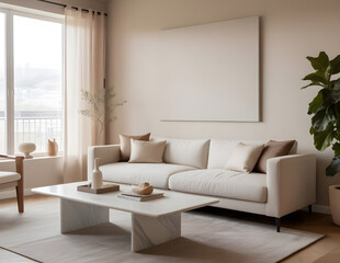 Elegant New York City living room with light walls, gold-accented furniture, large windows, natural lighting, and minimalist art creating a luxurious atmosphere