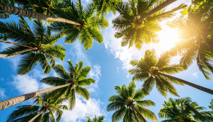 Obraz premium Tall Coconut Palm Trees Viewed from Below Against Clear Bright Blue Tropical Sky