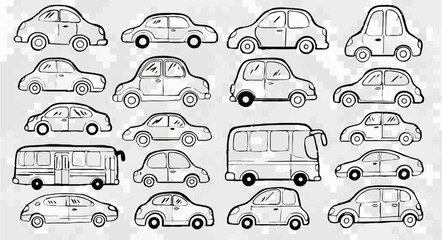 Hand Drawn Cars and Buses Collection on White Background

