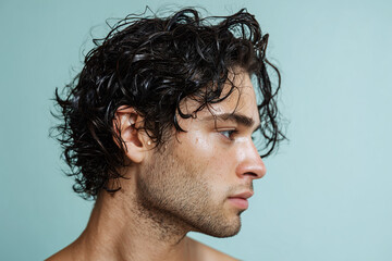 Wet hair man profile close up water droplets curly hair side view young adult skin texture facial hair male model natural light blue background beauty grooming hairstyle fresh clean healthy skin