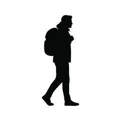 Silhouette of a man walking with a backpack side view vector illustration