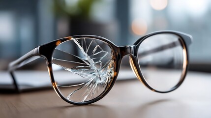 Close-up of Broken Eyeglasses on Wooden Surface Emphasizing Vulnerability