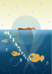 Emotion of melancholy, decadence, sadness, girl immersed in the ocean of her thoughts, ocean girl on the surface of the water coral fish