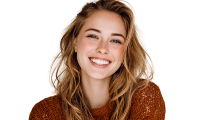 Young woman smiling brightly with a natural and joyful expression on her face, isolated on a white background.