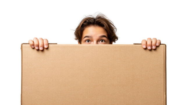 Young person holding a large cardboard box, looking over the top with an excited expression, white isolated background.