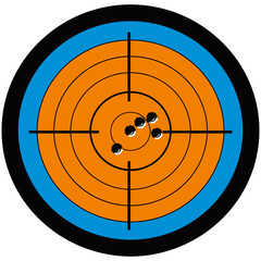 Dartboard with bullet holes and an arrow in the center, symbolizing aiming success in a sport or business competition, Vector illustration 