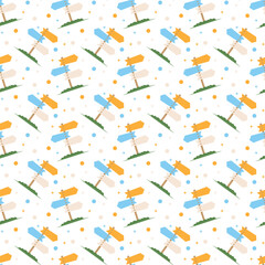 Seamless directional sign pattern for road trip vibes for wayfinding and adventure.