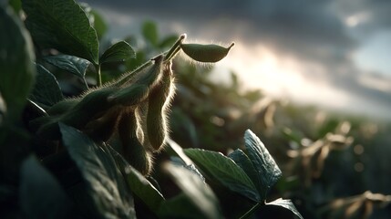Close-up of soybean plants with developing pods against a dramatic sky at sunset