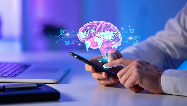 Brain Technology Concept on Smartphone, Holographic Brain Display with World Map on Mobile Phone