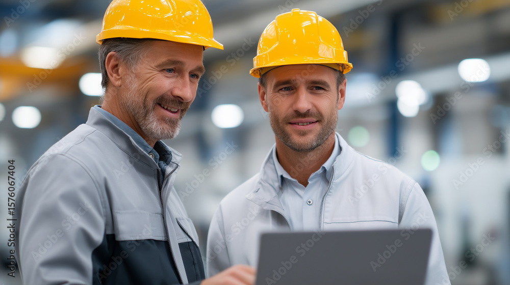 Poster engineers collaborating on project in industrial factory setting