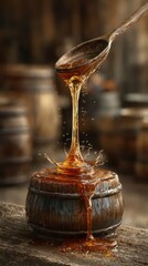 Golden syrup drips from a wooden spoon into a rustic barrel surrounded by blurred background of barrels