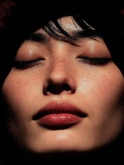 Natural Beauty Portrait of Asian Woman with Freckles and Minimal Makeup in Cinematic Light