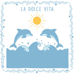 Cute cartoon dolphins jumping in blue ocean waves, a perfect summer illustration