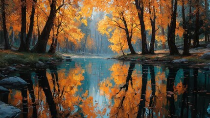 Autumn landscape with vibrant orange leaves reflecting in calm water during a serene afternoon