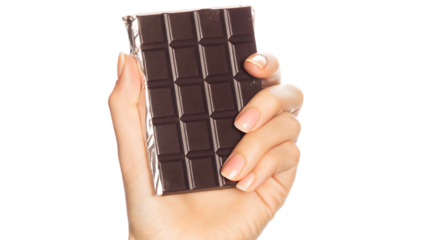 Woman holding dark chocolate bar isolated on a transparent background hand