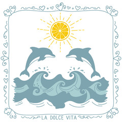 Cute cartoon dolphins jumping in blue ocean waves, a perfect summer illustration