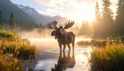 Majestic Moose in Misty Wetland A Serene Wildlife Encounter at Sunrise in the Mountains